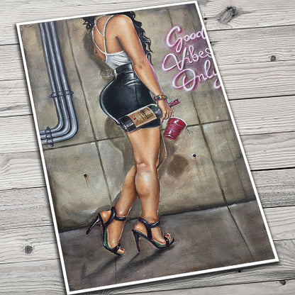 JEREMY WORST "Good Vibes Only"  girl Standing by Neon Sign Acrylic Painting on Burlap