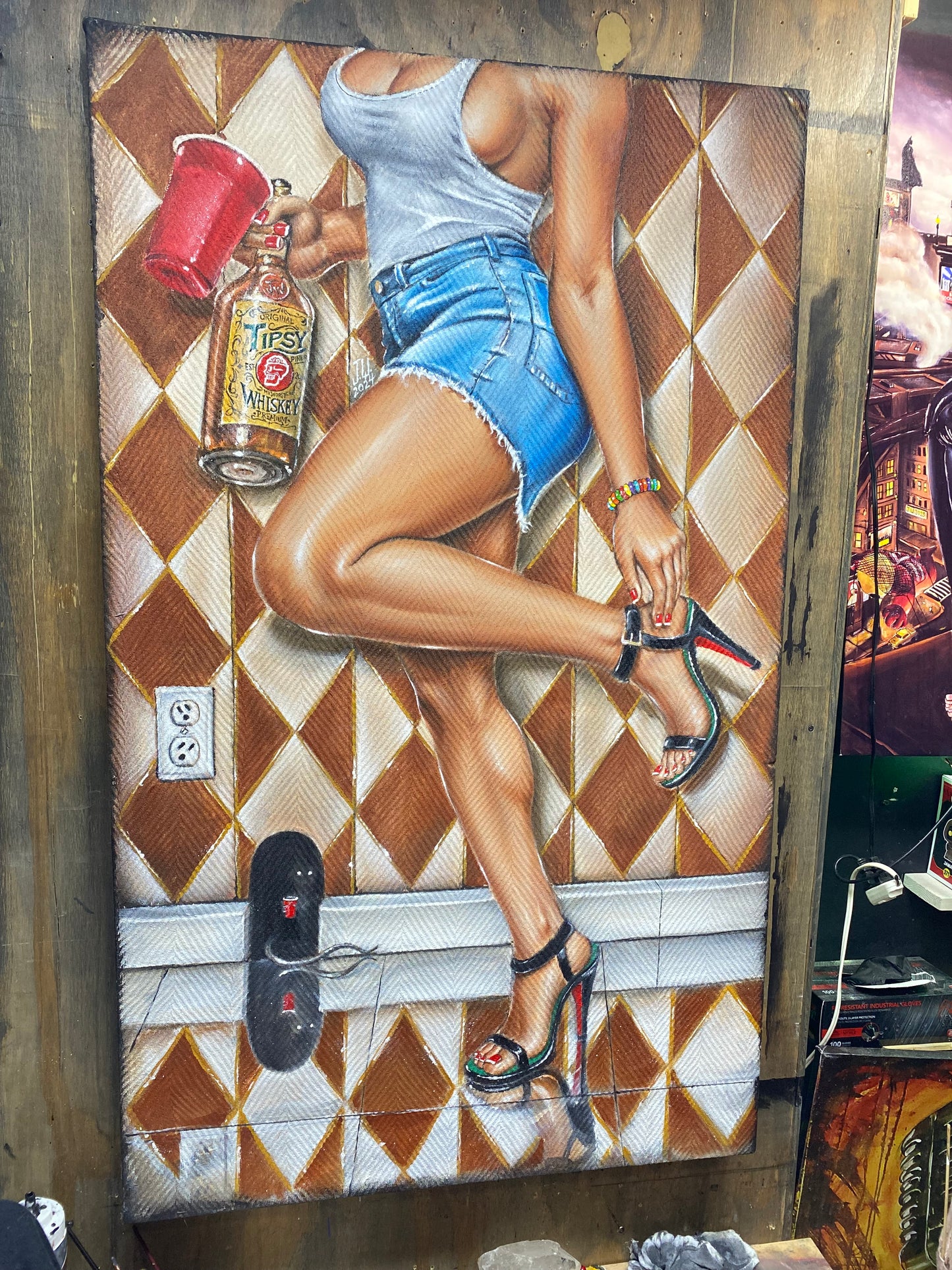 JEREMY WORST "Tipsy Pinups" Modern Contemporary Pinups Acrylic painting on Textured Fabric girl in jean skirt and tank top mouse