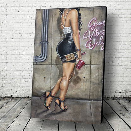 JEREMY WORST "Good Vibes Only"  girl Standing by Neon Sign Acrylic Painting on Burlap