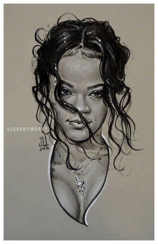 JEREMY WORST " RiRi " Sketch Artwork Signed Fine Art Print Great gift for Her Rihanna navy