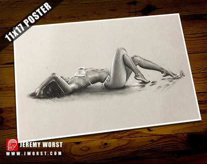 JEREMY WORST " Beach 2016" Seductive woman on beach  sketch model lying down laying relaxing look profile artwork wall decor wall art