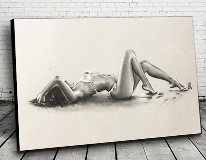 JEREMY WORST " Beach 2016" Seductive woman on beach  sketch model lying down laying relaxing look profile artwork wall decor wall art