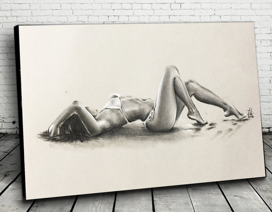 JEREMY WORST " Beach 2016" Seductive woman on beach  sketch model lying down laying relaxing look profile artwork wall decor wall art