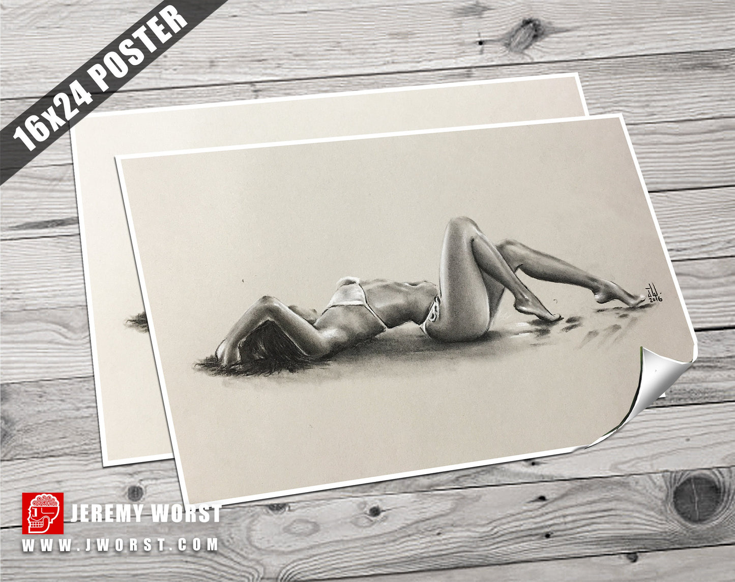 JEREMY WORST " Beach 2016" Seductive woman on beach  sketch model lying down laying relaxing look profile artwork wall decor wall art