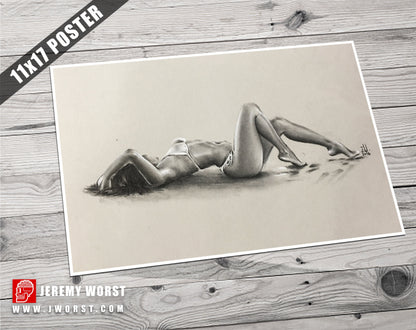 JEREMY WORST " Beach 2016" Seductive woman on beach  sketch model lying down laying relaxing look profile artwork wall decor wall art